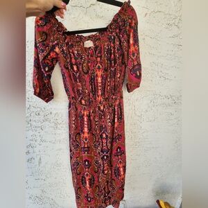 Everly Gorgeous Paisley Like Graphic Red Pink Orange Midi Dress